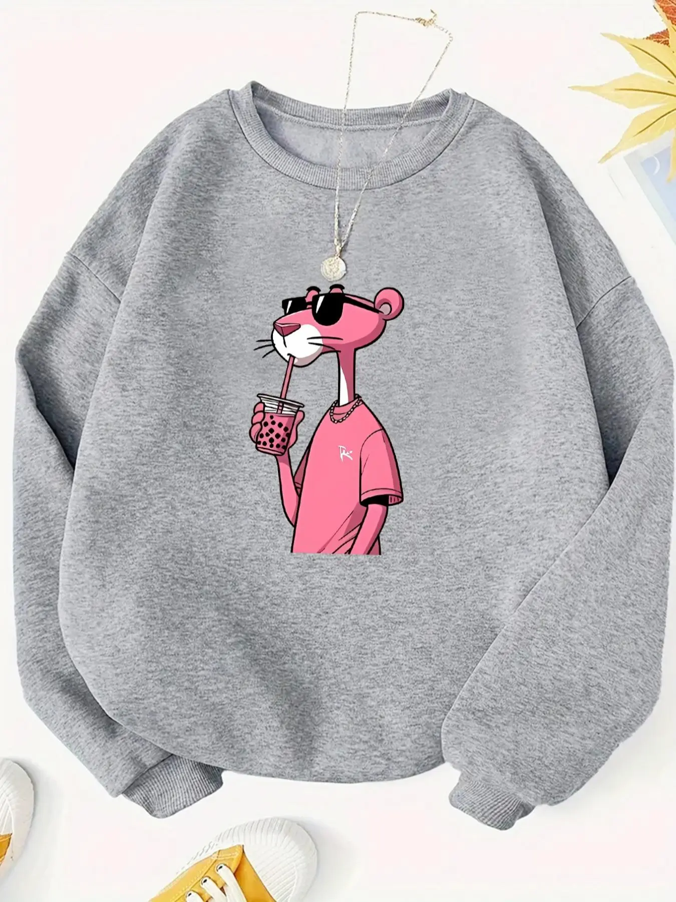 Women's Puma Print Round Neck Sweatshirt, Fashion Casual Long Sleeve Pullover, Women's Top for Daily Wear