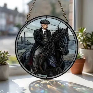 Moody Horse Rider Stained Glass Style Suncatcher Round Dark Gangster Window Hanging Cinematic Art Soft Light Play Home Decor Gift For Him Man Cave Office Vintage Dramatic Wall Ornament