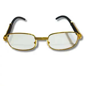 The Duke Unisex Rectangle Fashion Glasses x Gold Frame x Faux Wood Arms