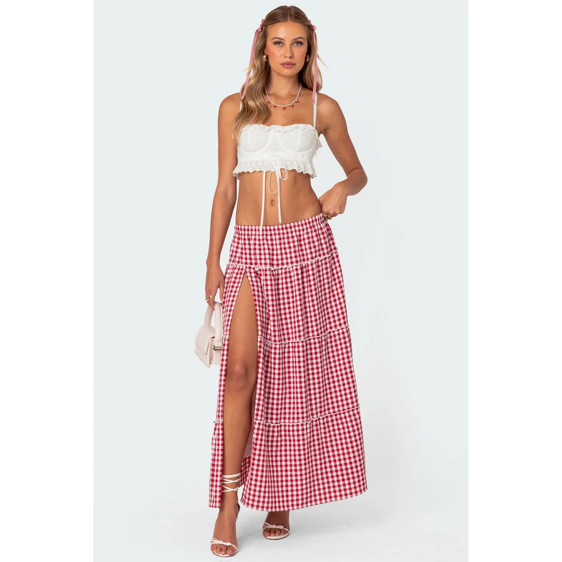 Gingham Side Slit Tiered Maxi Skirt
