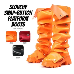 Womens Knee High Boots Round Toe Chunky Block Platform Heels Fold Over Detachable Snap Off Wide Calf Gifts Combat Work Casual Party Outdoor Events Dress Shoes Spring Boots