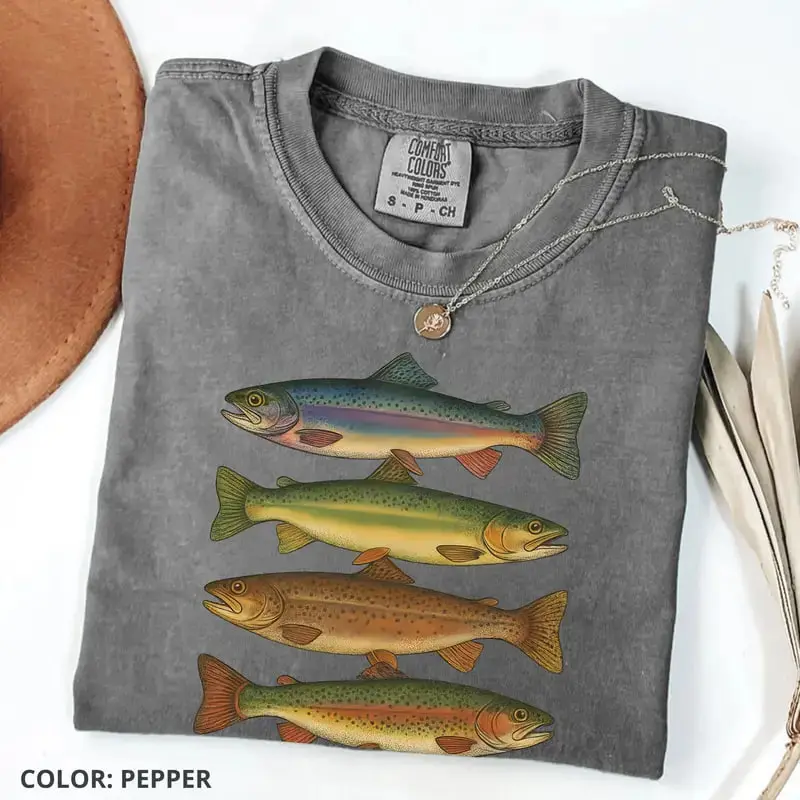 Comfort Colors trout fish T-shirt in vintage retro style, soft cotton fishing tee for fishermen and fishing lovers, rainbow trout design gift for her.