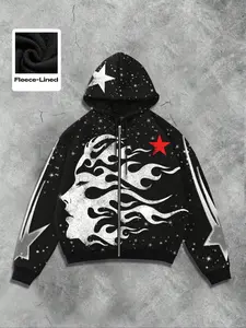 Men's Street Life Men's Street-Style Casual Streetwear Graphic Flame, Letter & Figure Print Long Sleeve Zipper Hoodie, For Fall Winter