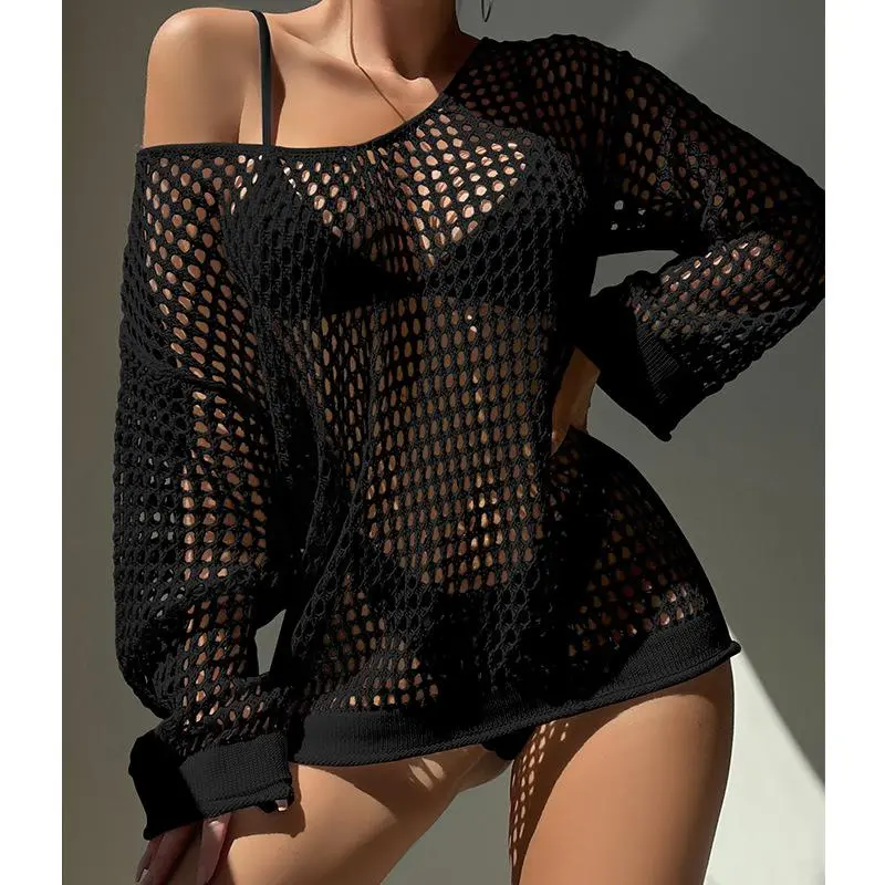 Women's Hollow-Out Mesh Swimsuit Cover-Up, Trendy Stylish Women's Wear with Long Sleeves, Split Hem, Drop Shoulders, Loose Fit 1-Size Beachwear for Summer Sports & Outdoor Protective Gear