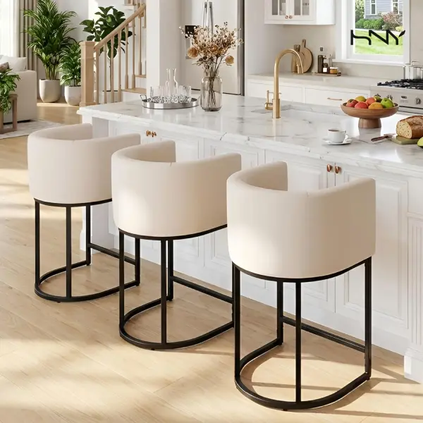 HNY Modern 24" Counter Stool Set of 1 - Linen Upholstered Kitchen Island Chair Barstool with Sturdy Metal Frame, Cream