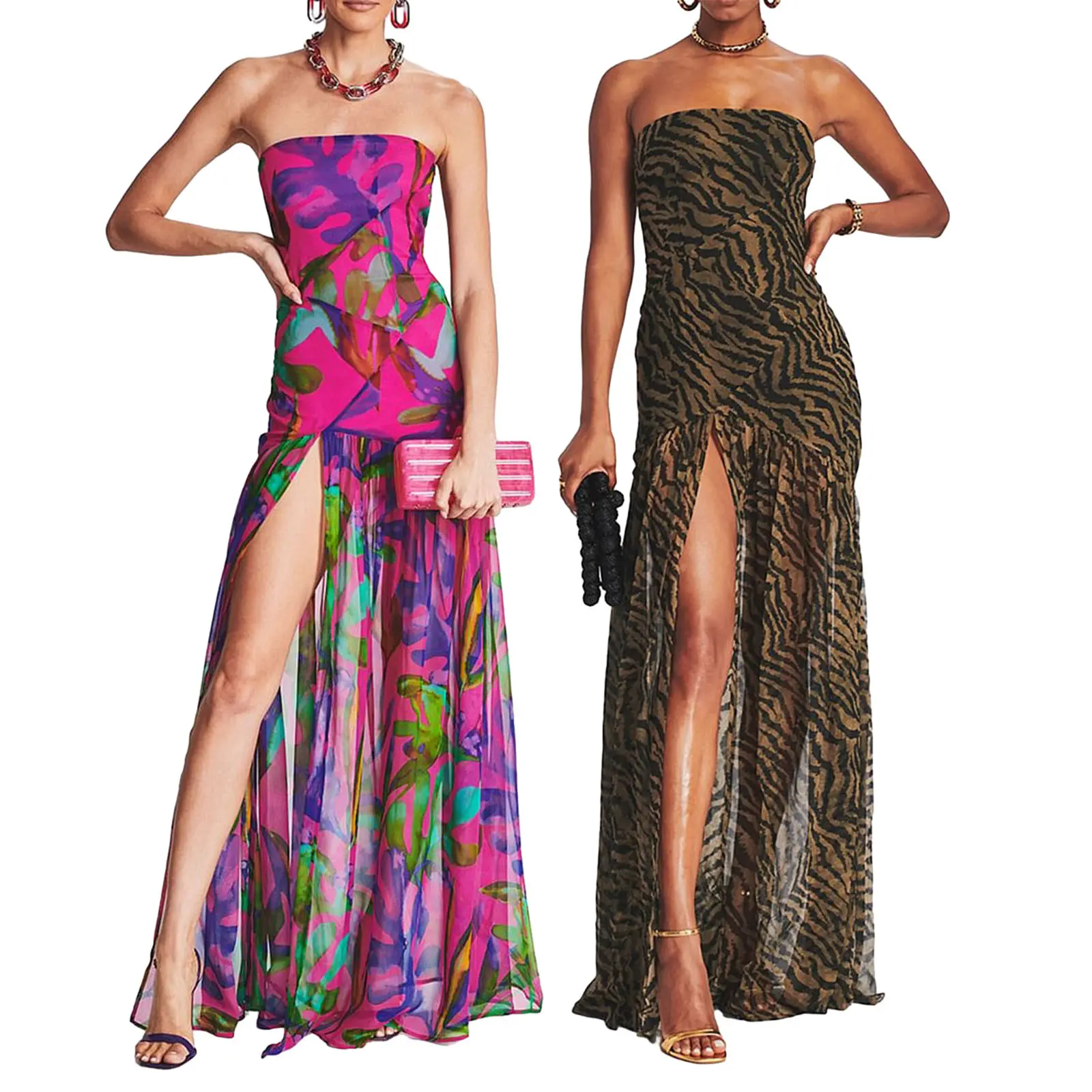 Women Trendy Strapless Tube Maxi Dress, Tropical Leopard Print High Slit Chiffon Flowy Ruched Bodycon Long Formal Evening Party Gown, All Season Use, Soft Material, Minimalist Chic, Closet Staple, Chic, holiday gift, gift for her