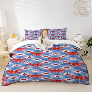 2/3Pcs Dreamy Blue Gingham Red Bow Duvet Cover Set, Preppy Coquette Aesthetic Bedding, Romantic Princess Room Decor for Women, Teens & Dorm, Lightweight All-Season Elegant Bed Set No Filler