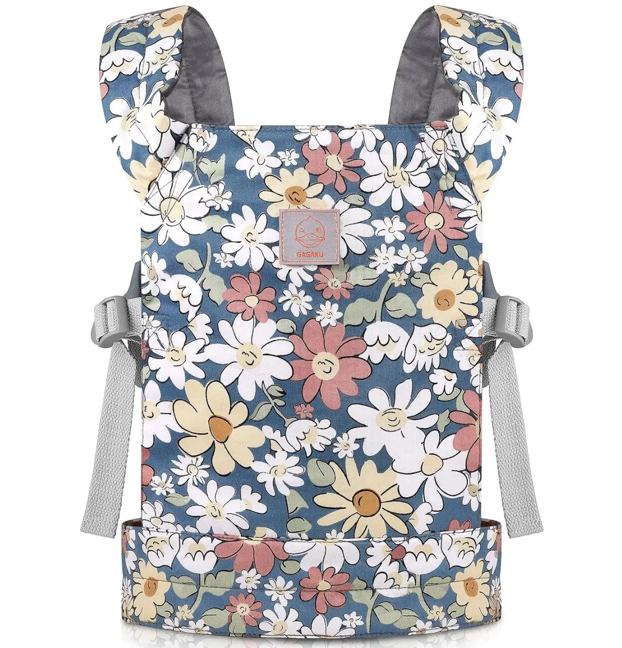 GAGAKU Cotton Kids Doll Carrier - Light Weight Gray Doll Accessory with Adjustable Straps, Buckle, Center Release Buckle, Cute Daisy Print, 0.18 kg (Note: Never Use with Live Animals), Ditsy Floral
