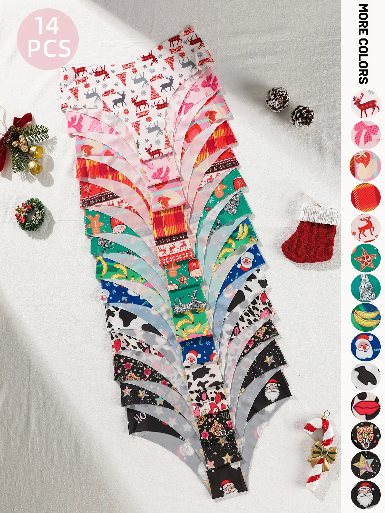 14-piece set of Christmas-themed women's underwear - featuring Santa Claus, reindeer, Christmas tree, and gingerbread man prints, suitable for wearing during Christmas, Halloween, and Valentine's Day, autumn and winter sexy fitted women's briefs.