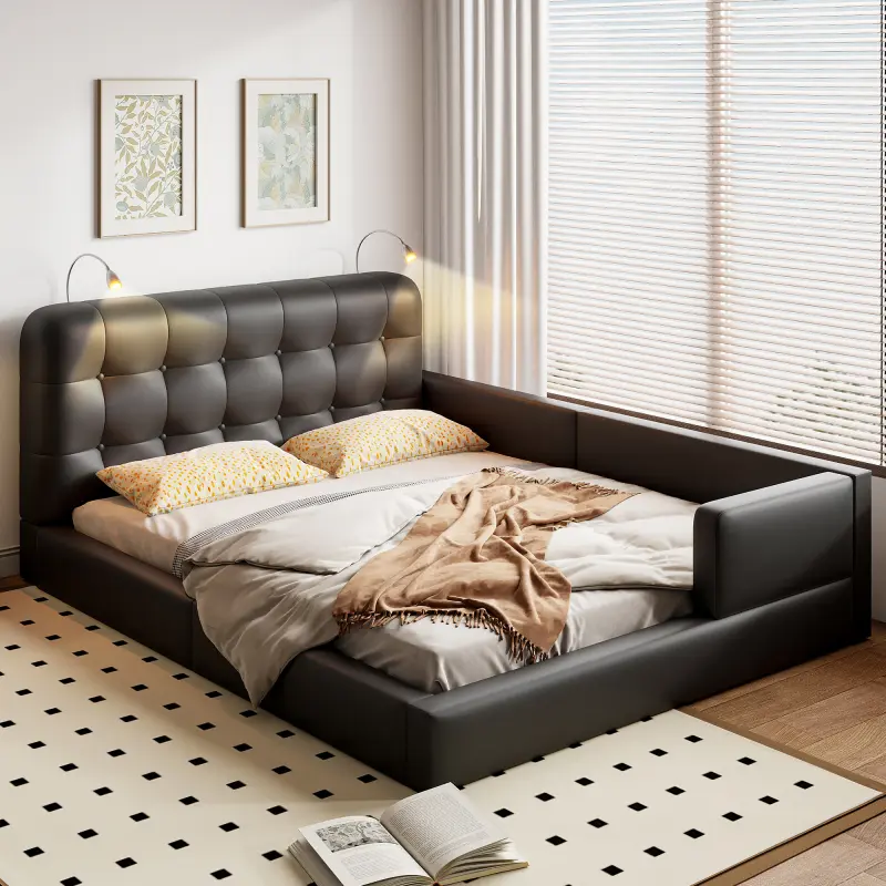 【Bellemave】Queen Size Upholstered Platform Bed with 2 Reading Lights, Black