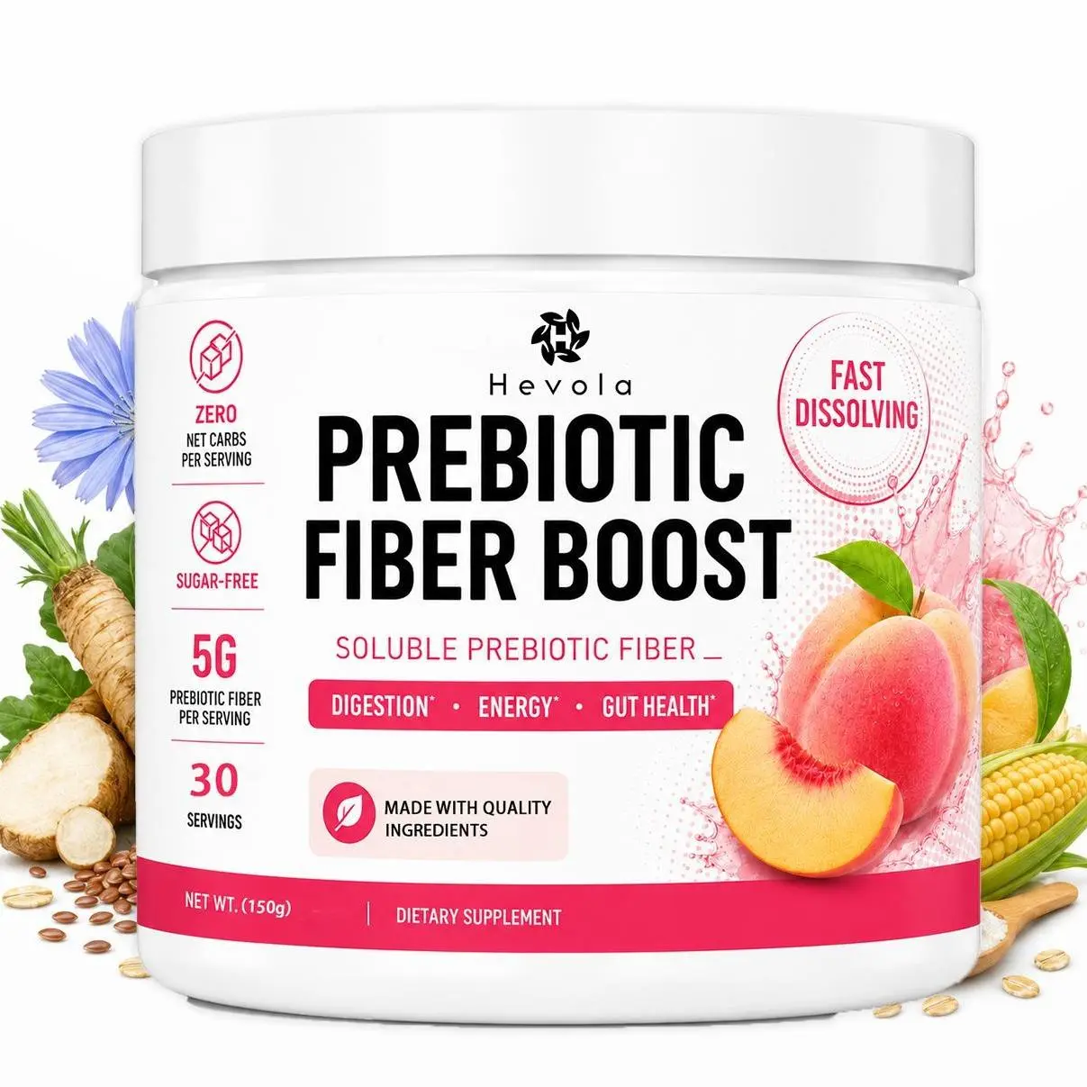 Dietary fiber powder (with prebiotics) that supports digestive health; soluble fiber promotes gut health and helps relieve bloating. Suitable for keto and vegan diets; gluten-free and sugar-free. Contains 30 servings.