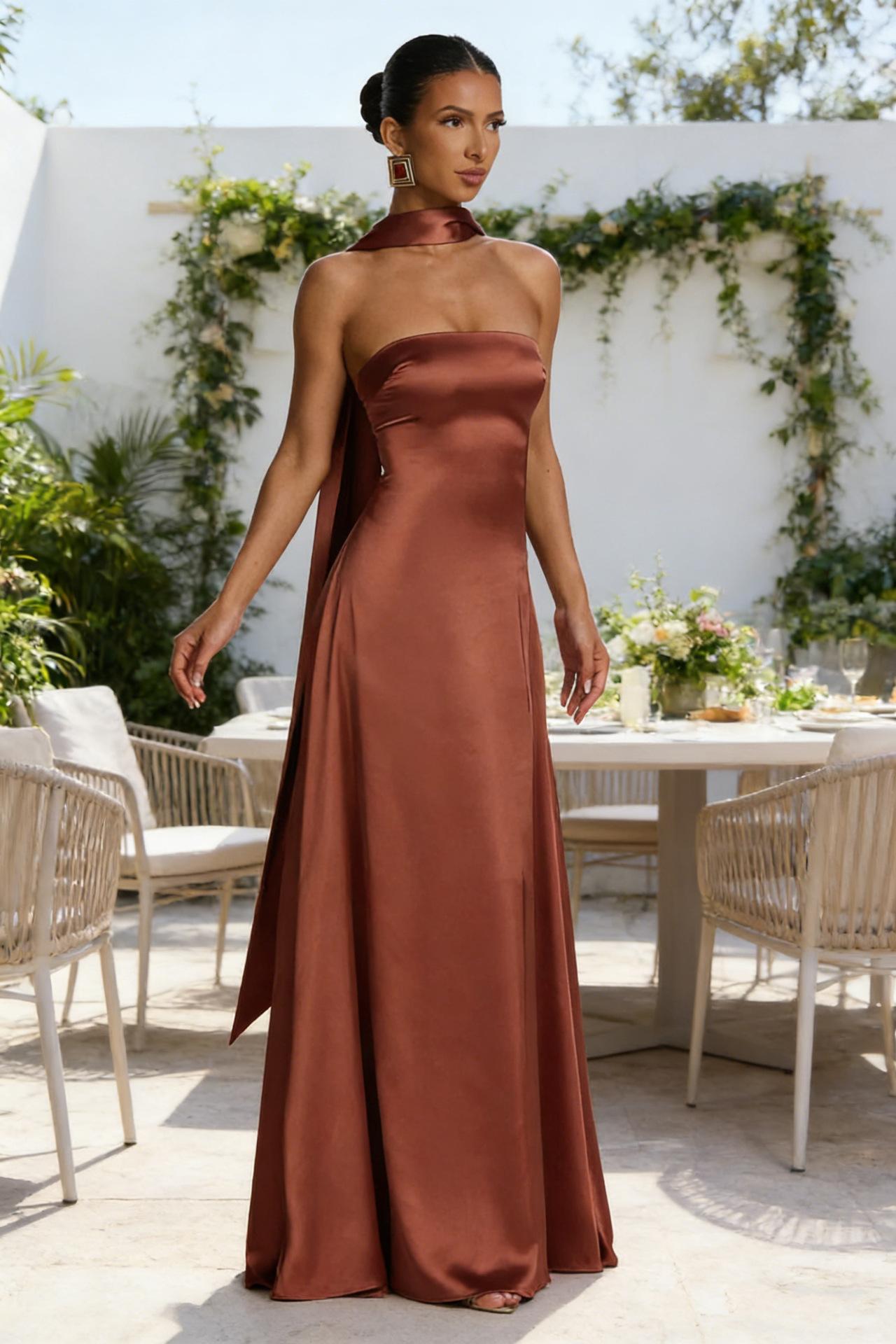 Womens Backless Tube-Top Waist-Cinching Evening Gown Long Dress