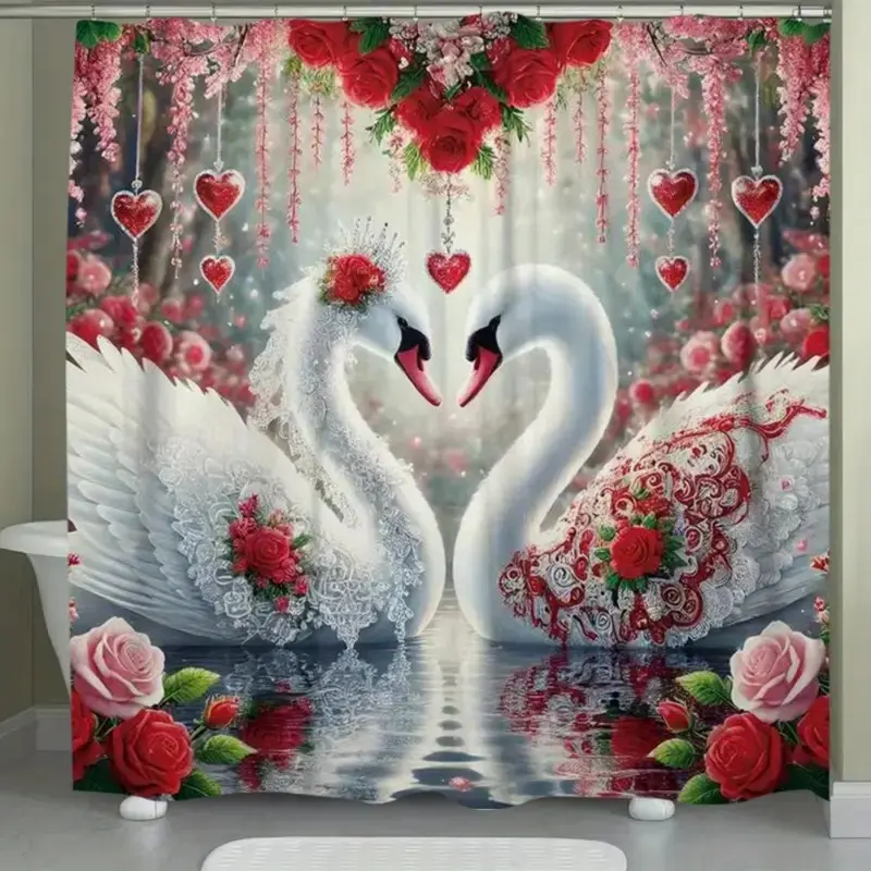 Swan Love Valentine's Day Red Rose Decorative Shower Curtain, Bathroom Accessory, Bathroom Decoration Accessories, partitions, beautifying space, polyester durable material, easy to clean, machine washable, multiple sizes, shower curtain hook