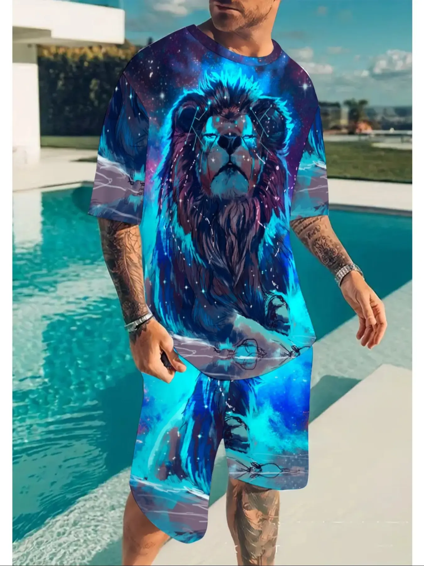 Men's Graphic Print Lion Short Sleeve Tee & Shorts Set, Casual Fitted Polyester, Breathable Outdoor Sportswear, All-Season Wear