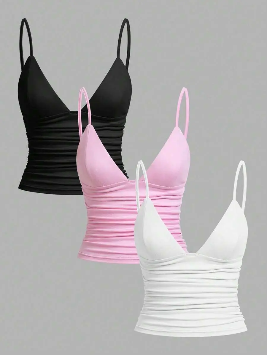 Casual Women Ruched Fitted Spaghetti Strap Camisole With Shelf Bra, Suitable For Summer