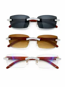 Moissanite Iced-Out Wood Temple Metallic Non-Prescription Eyeglass Frames, Metallic Non-Prescription Glasses