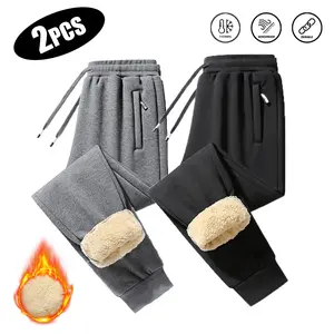 Men's Polar Fleece-Lined Loose Casual Jogger Sweatpants - Baggy, Full Length, Warm Brushed Fleece Linings for Warmth Boost, Windproof, Durable, Wide-Leg with Plaid Patchwork, Zippered Pockets, Ideal for 20-Yr-Olds, Winter Sports & Cold Weather