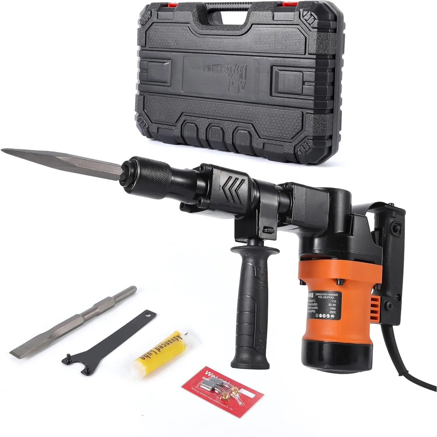 1400W Heavy-Duty Electric Demolition Jack Hammer Concrete Breaker with Aluminum Body, 2900 BPM, Swivel Grip, 2-Bit Kit, 360-Degree Swiveling Handle, Carrying Case, Gloves for Trenching, Hole-Breaking, Bits Kit, Anti Vibration Design, Construction, Shock A