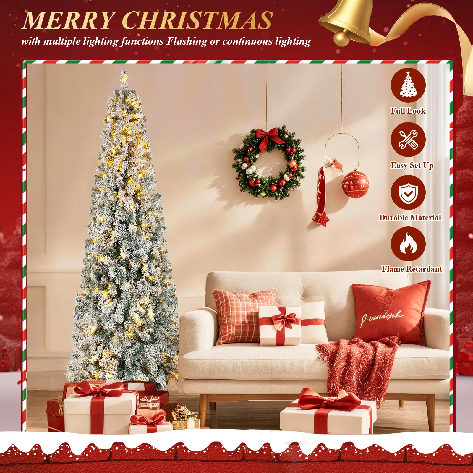 Okicoler Pre-lit Slim Artificial Hinged Christmas Tree Skinny Corner Xmas Tree with 350 Incandescent Warm White Lights Prelighted Xmas Tree with Foldable Stand, Snow
