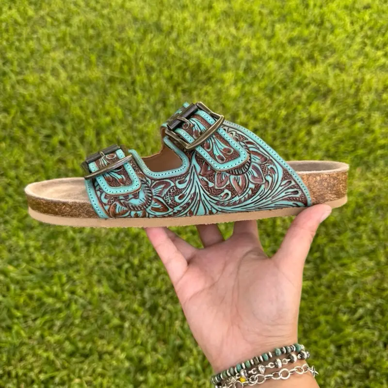 Myra falling feather blue & brown sandals