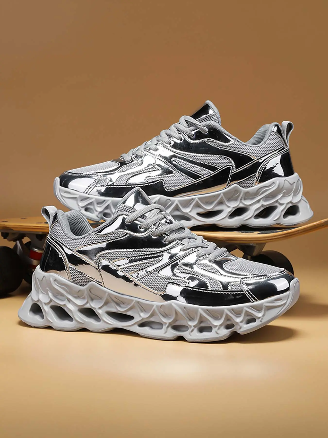 Men's Gold Gradient Chunky Training Sneakers, Breathable Mesh Thick Sole
