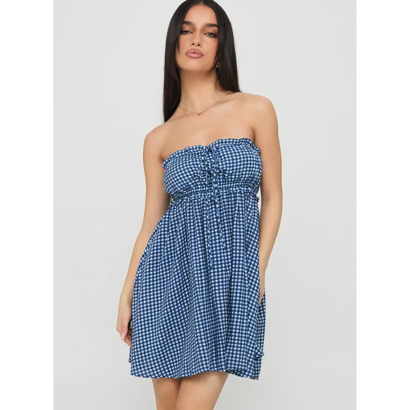 open lace back dress Winsie High Side One Piece Blue Gingham