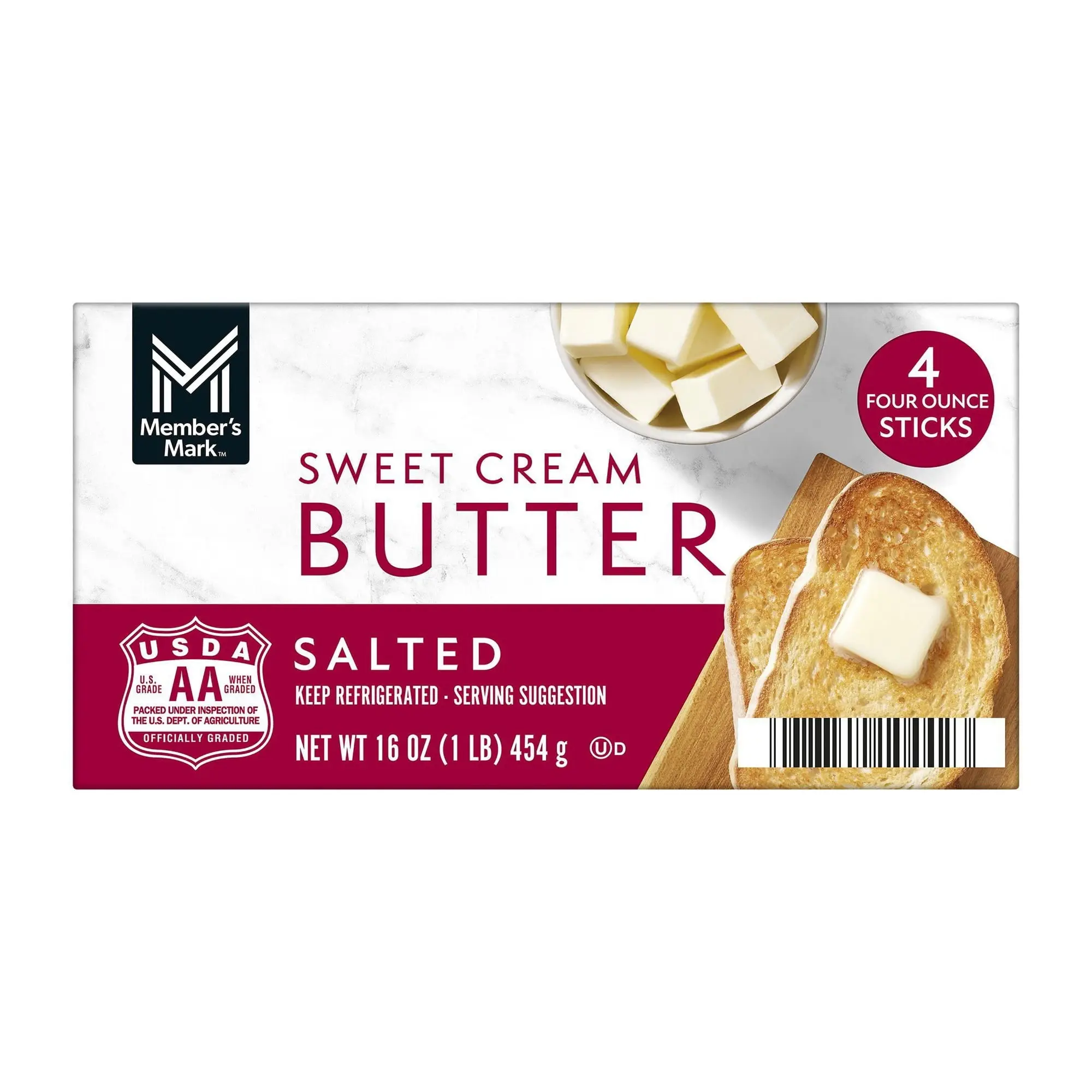 Member's Mark Salted Sweet Cream Butter Block, 4 lbs (4 x 1 lb) – Rich, Creamy Butter for Cooking, Baking & Spreading