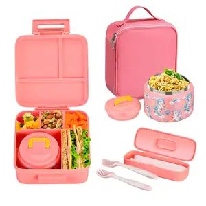 Household Essentials Kids Leakproof Insulated Bento Lunch Box with Cutlery and Insulated Bag, Portable Cartoon-Pattern BPA Free Plastic Lunchbox with 5 Compartments and Lid, Leakproof Thermal Meal Prep Container for Travel and Kitchen Use, Bento Boxes