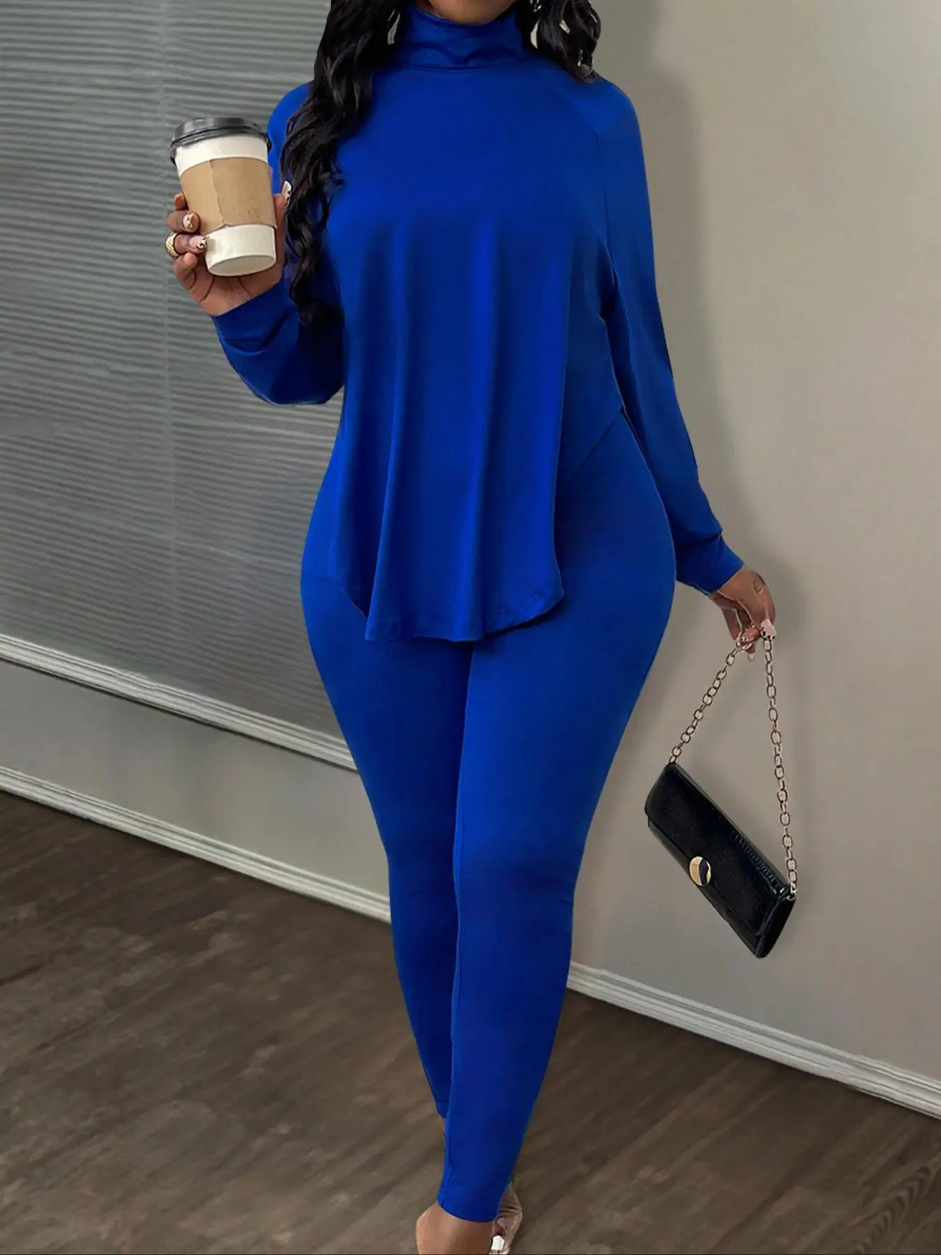 Women's Solid Raglan Long Sleeve Top & Skinny Pants Two-Piece Set, Fitted Casual Fashion Cozy High Neck Turtleneck Top & Trousers for Daily Outdoor Wear, Women's Clothing & Womenswear for Fall & Winter, Knitted Fashion Set, Casual Style Set