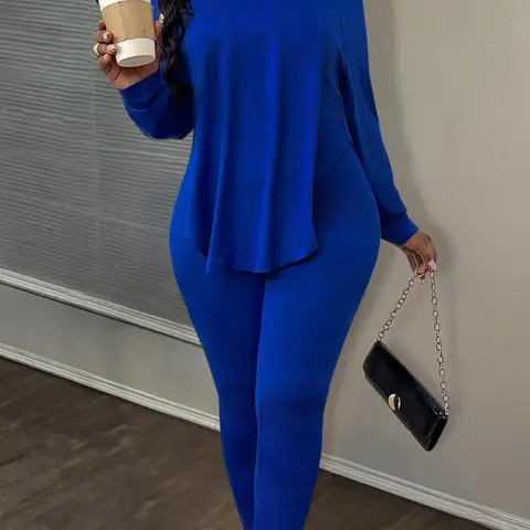 Women's Solid Raglan Long Sleeve Top & Skinny Pants Two-Piece Set, Fitted Casual Fashion Cozy High Neck Turtleneck Top & Trousers for Daily Outdoor Wear, Women's Clothing & Womenswear for Fall & Winter, Knitted Fashion Set, Clothing Sets