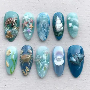 A26 Ocean Life Press-On Nails, 3D Turtle, Jellyfish and Shell Design, Blue Sea Theme, Luxury Beach Style, Vacation Nails, Gift for Her