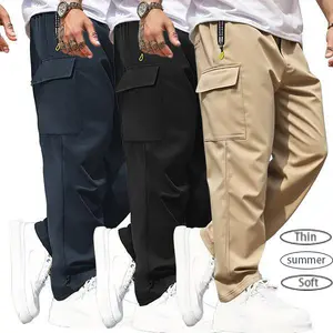 3PCSMen's Casual Solid Color Sports Pants Fitness Pants with Multi-Functional Pocket Design 95% Polyester 5% Spandex Lightweight Skin-Friendly Smooth Soft Fabric Suitable for Indoor Sports, Summer Outdoor Sports