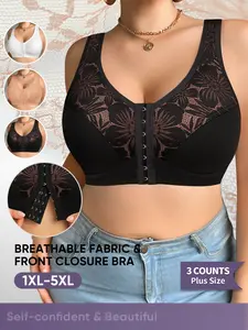 Morelect Plus Size Front Buckle Everyday Bra, 1xl-5xl, Breathable Fabric Push-Up Lingerie, Easy Wear, Comfortable Backless Design, 3-Pack