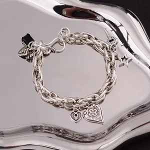 Unisex Silver Braided Cord Bracelet with Heart & Cross Charms – Vintage Adjustable Friendship Bracelet, Trendy Couple Jewelry Gift 2026