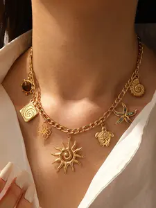 1Pcs Stainless Steel Metal Golden Turtle Flower Sun Necklace for Women New Trendy Waterproof Neck Chain Jewelry Gift