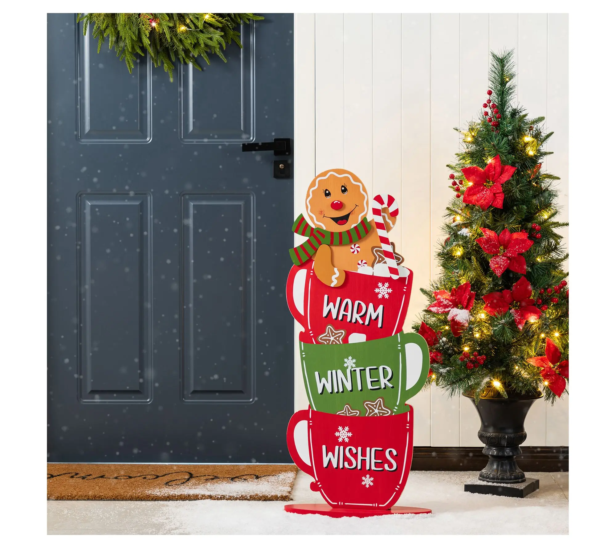 Glitzhome 35" Christmas Coffee Cups GingerbreadMan Porch Sign Glitzhome 35" Christmas Coffee Cups GingerbreadMan Porch Sign