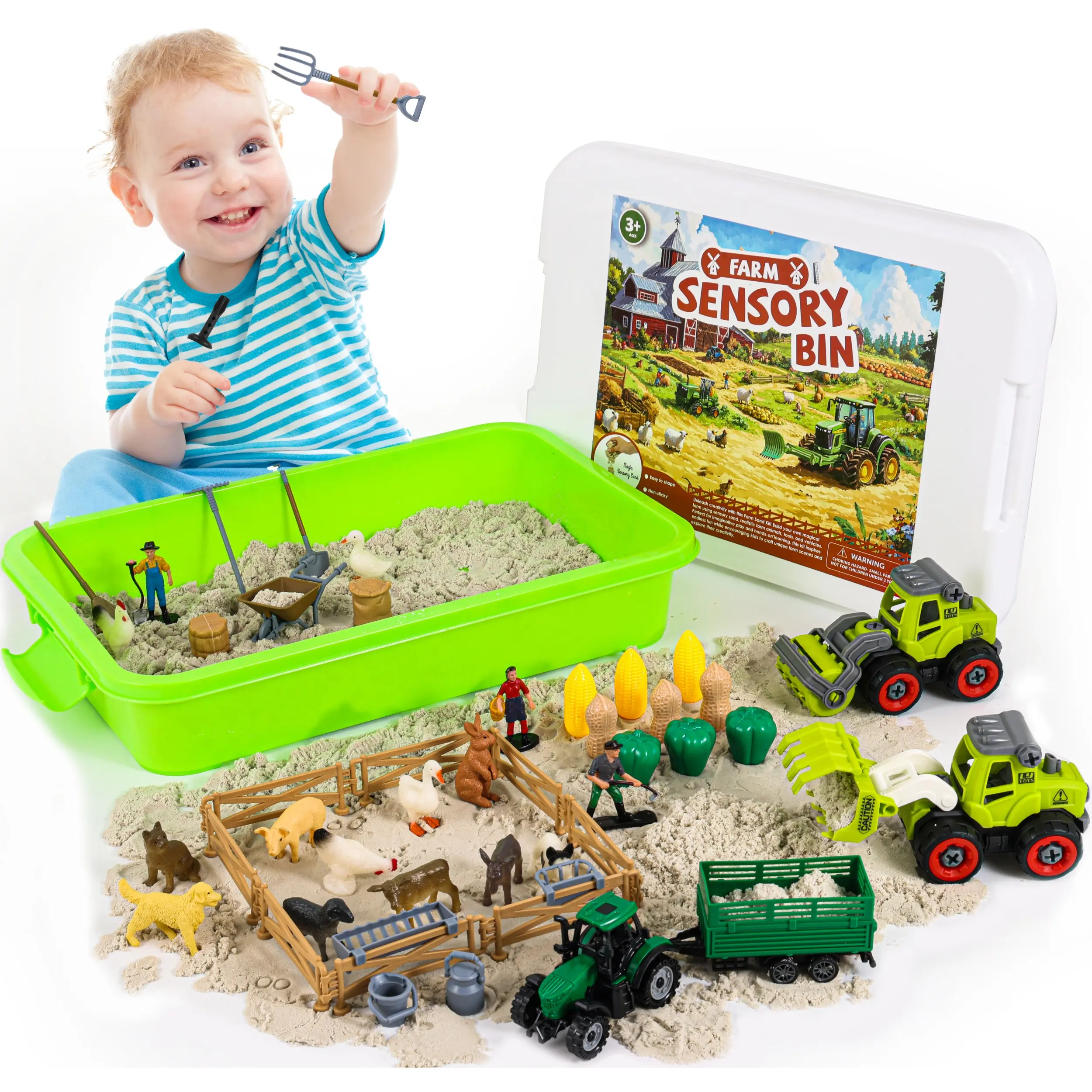 51 PCS Farm Sensory Bin Toys Playset, Sandboxes with Sand, Farmer Tractor & Farm Animals Figures Toys for Kids 3 4 5, Gifts for 6 7 Years Old Boys Girls Toddlers