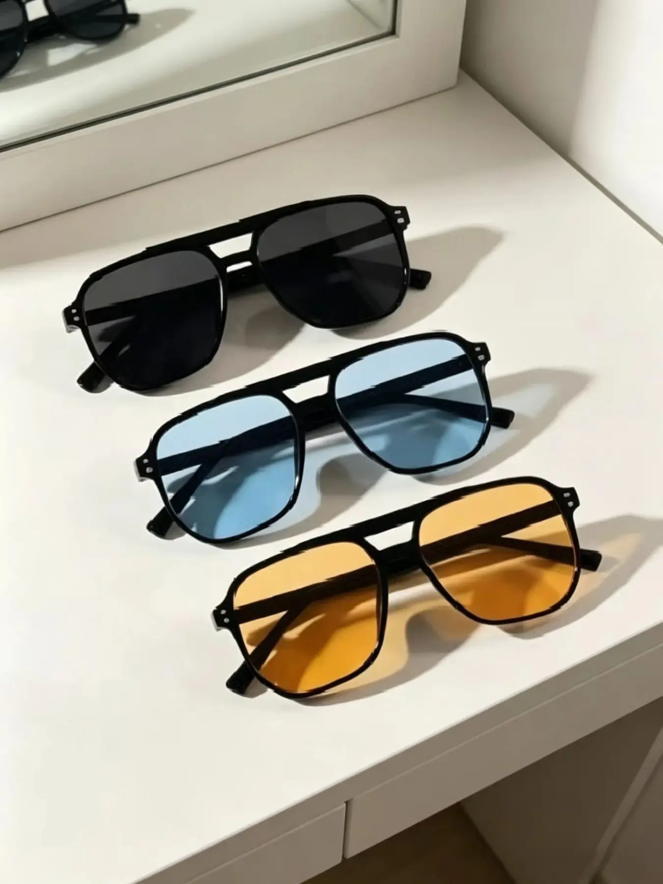 Double Bridge Studded Tinted Lens Sunglasses Classic Shades 3-Piece Set Unisex UV Protection Fashion Style Driving Party Travel Classic Timeless Popular Stylish Sunglasses Cool Sunglasses Trendy Sunglasses Fashionable Sunglasses