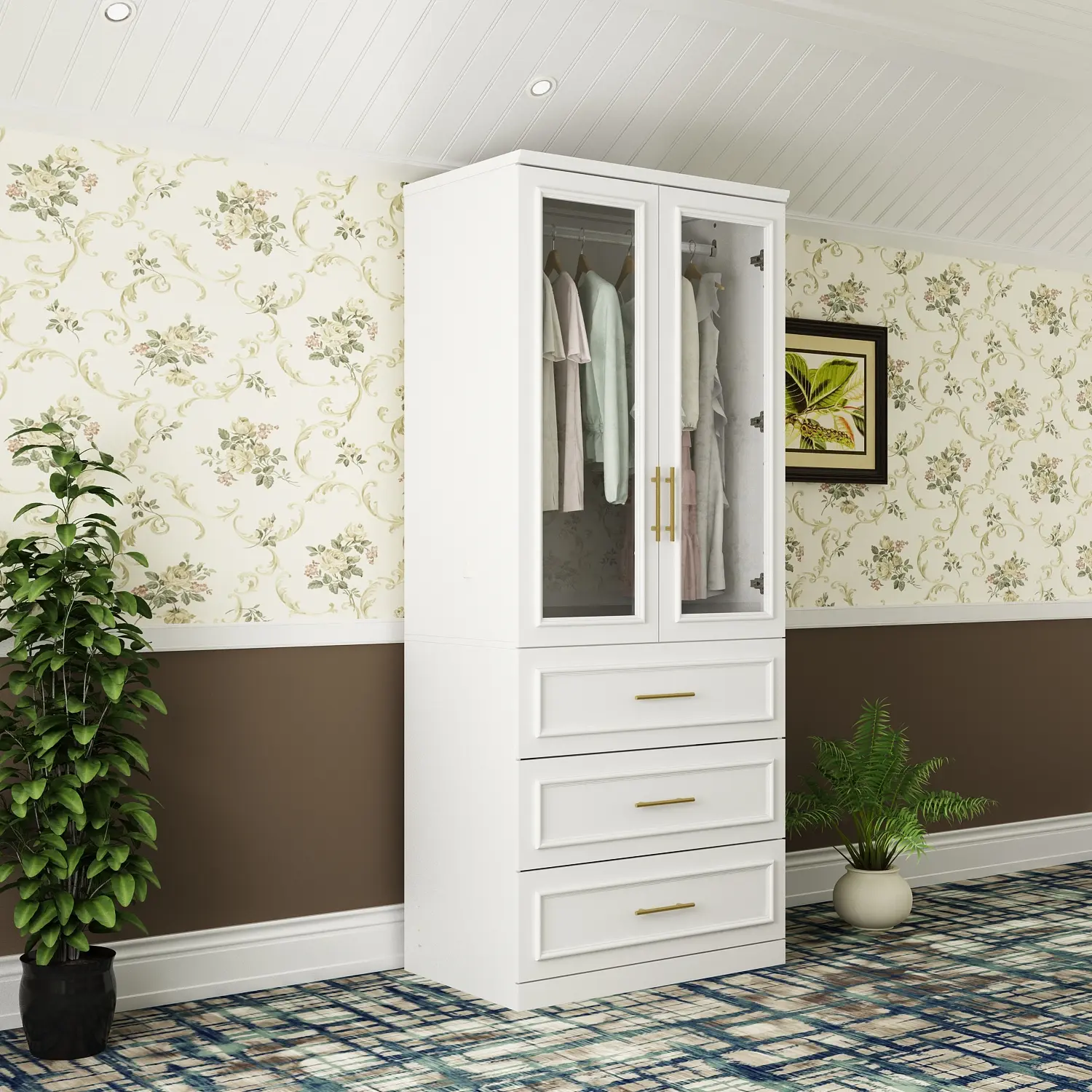 FUFU&GAGA 3-Types White Wooden Wardrobe Armoire - Bedroom Closet Storage Cabinet Drawer Furniture
