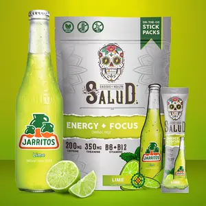 Salud x Jarritos 2-in-1 Energy Drink Powder + Focus, Lime, Organic Caffeine, B6 + B12, Theanine, Clean Energy Drink Packets, Non-GMO, Gluten Free, Vegan, 1g of Sugar, (15 Servings)