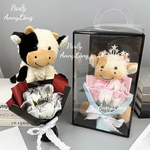Dairy Cow Plush Toy with Artificial Rose Bouquet, 1 Set Cute Cow Design Plush Toy, Adorable Stuffed Bouquet, Home Decor Ornament, Gift for Your Love, LGBTQ Gift, Christmas & Halloween Gifts, Soft Cuddly Gift, Soft Stuffed Animal