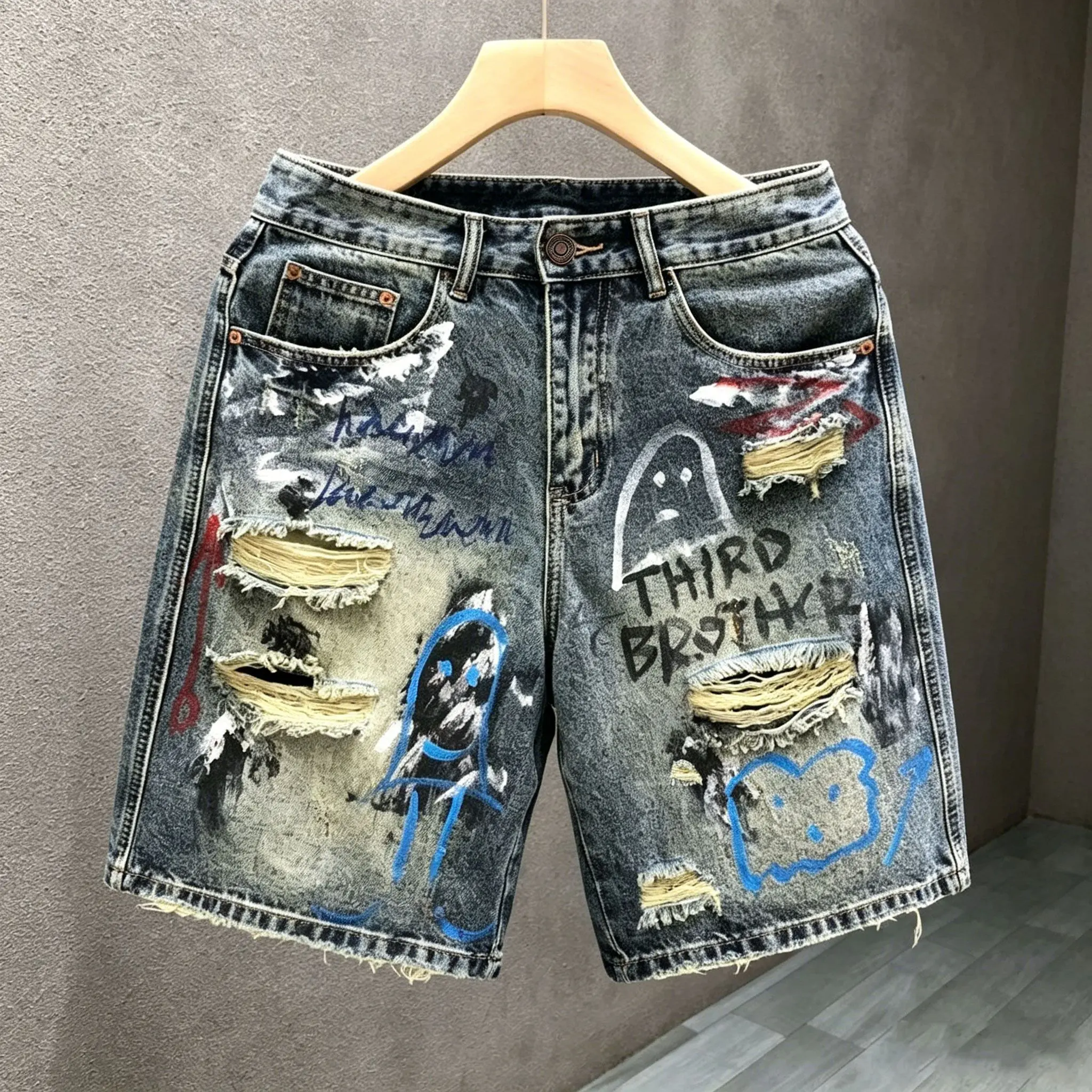 Men's Ghost Yellow Graffiti Denim Jorts - Casual Loose-Fit Ripped Distressed Wide-Leg Skater Shorts with Zipper, Retro Y2K Menswear Fabric Streetwear Faded Summer Outfits
