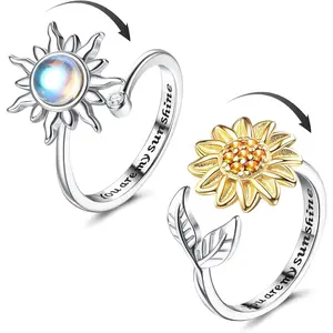 FINREZIO 2 Pcs Silvery Sun Yellow Sunflower Spinner Rings for Women Men Round Open Rings for Daily Wear You Are My Sunshine Moonstone Adjustable Spinner Rings