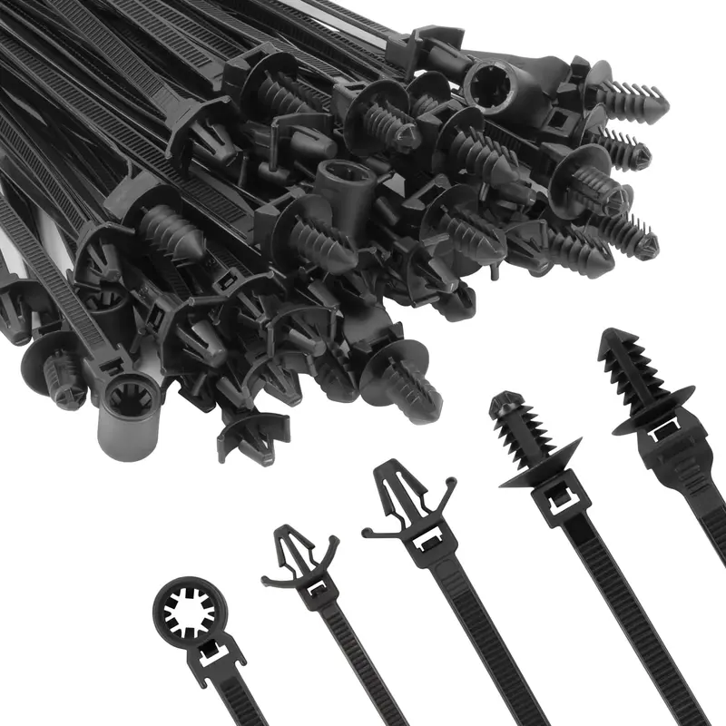 160Pcs Bulk Packs Nylon Universal Management Cable Ties with Push Mount Rivet Buckle, Self-Locking Mounting Clip Cable Ties Compatible with Cars, Boat Trailers, Polaris UTV, Jeep Wrangler