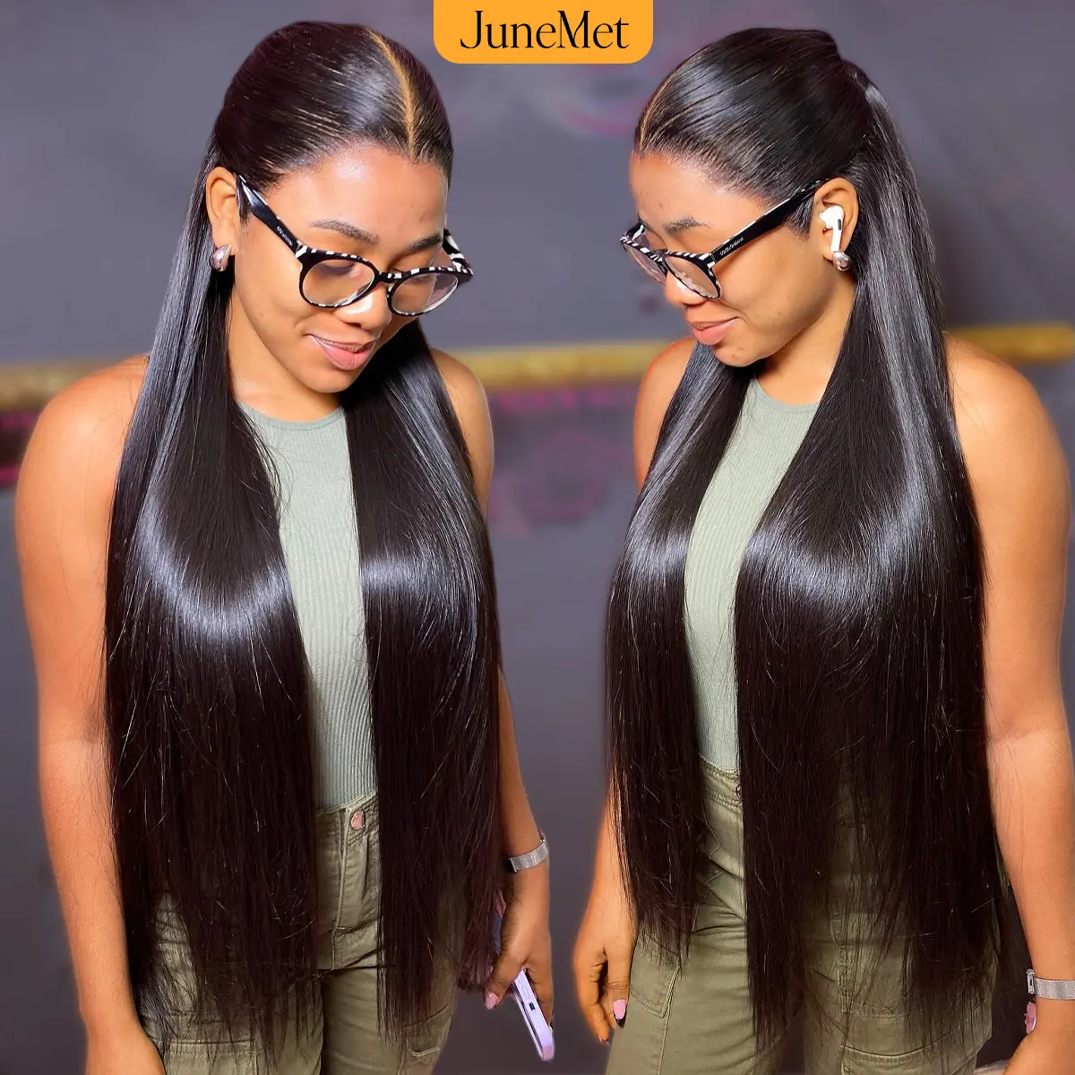 JuneMet M-Cap 13x6 Lace Front Wig HD Transparent Lace Frontal Straight Glueless Human Hair Wig 200 Density Natural Black Color