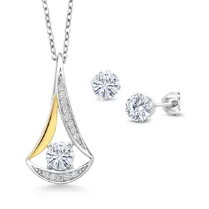1.59 Ct E-F Lab Grown Diamond 925 Silver and 10K Yellow Gold Pendant and Earrings Jewelry Set