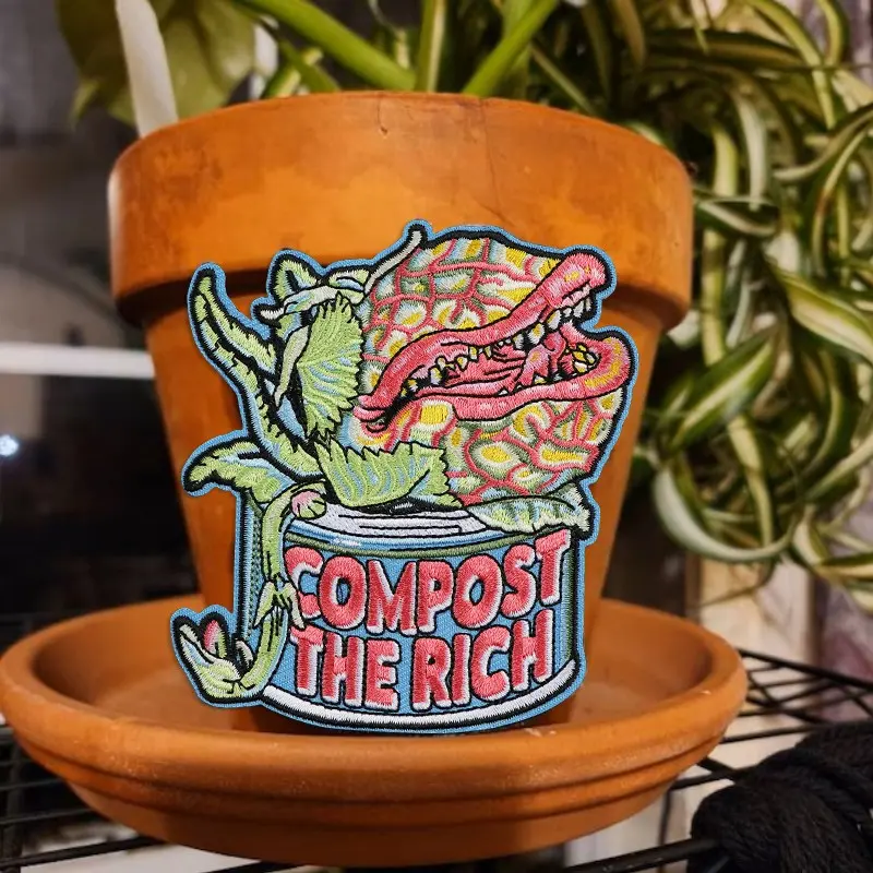 Compost the Rich Carnivorous Plant Embroidery Patch, Back Adhesive Iron-On, Suitable for Clothes Jackets Hats Accessories, Embroidered Patches