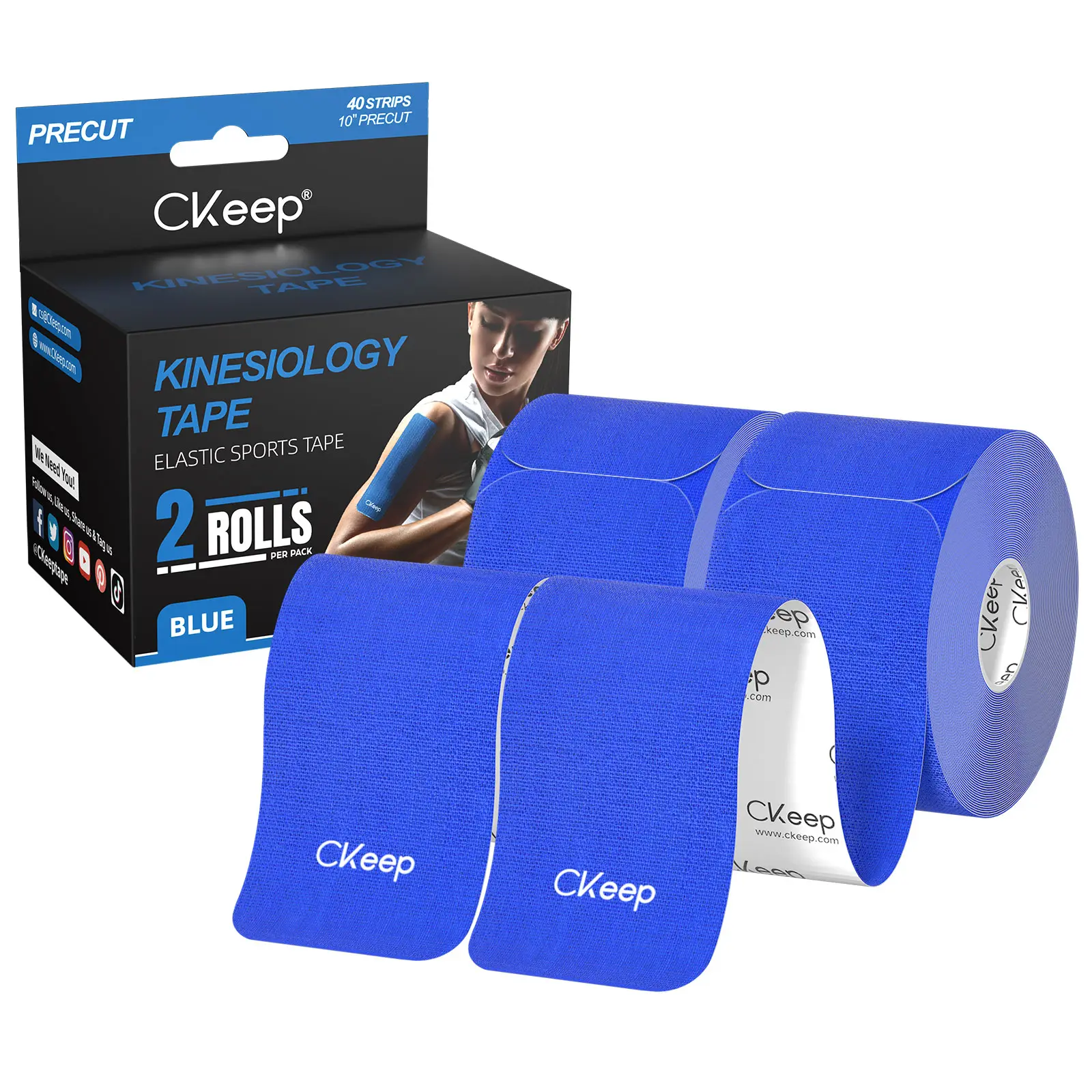 CKeep Original Cotton Kinesiology Tape, 2 Rolls, Precut Latex-Free tapes for Knee Shoulder Pain, Injuries & Sprains Wrist Support Workout Support (Blue)