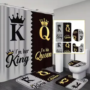 1/4pcs King and Queen pattern shower curtain set, non-slip mat, U-shaped rug, toilet seat cover, perfect for bathroom decoration, partitioning, and beautifying the space. Includes 12 shower curtain hooks.