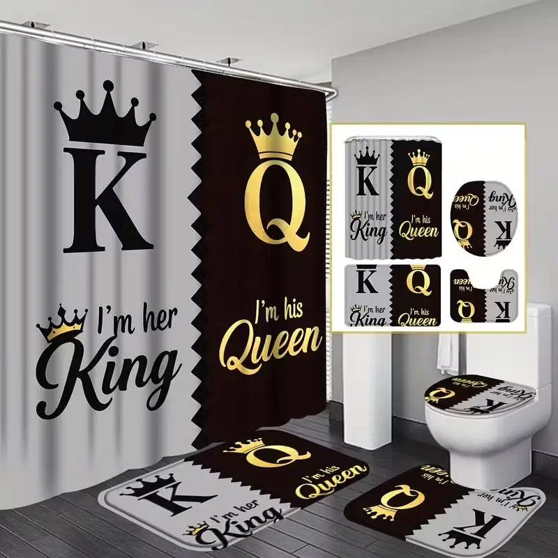 1/4pcs King and Queen pattern shower curtain set, non-slip mat, U-shaped rug, toilet seat cover, perfect for bathroom decoration, partitioning, and beautifying the space. Includes 12 shower curtain hooks.